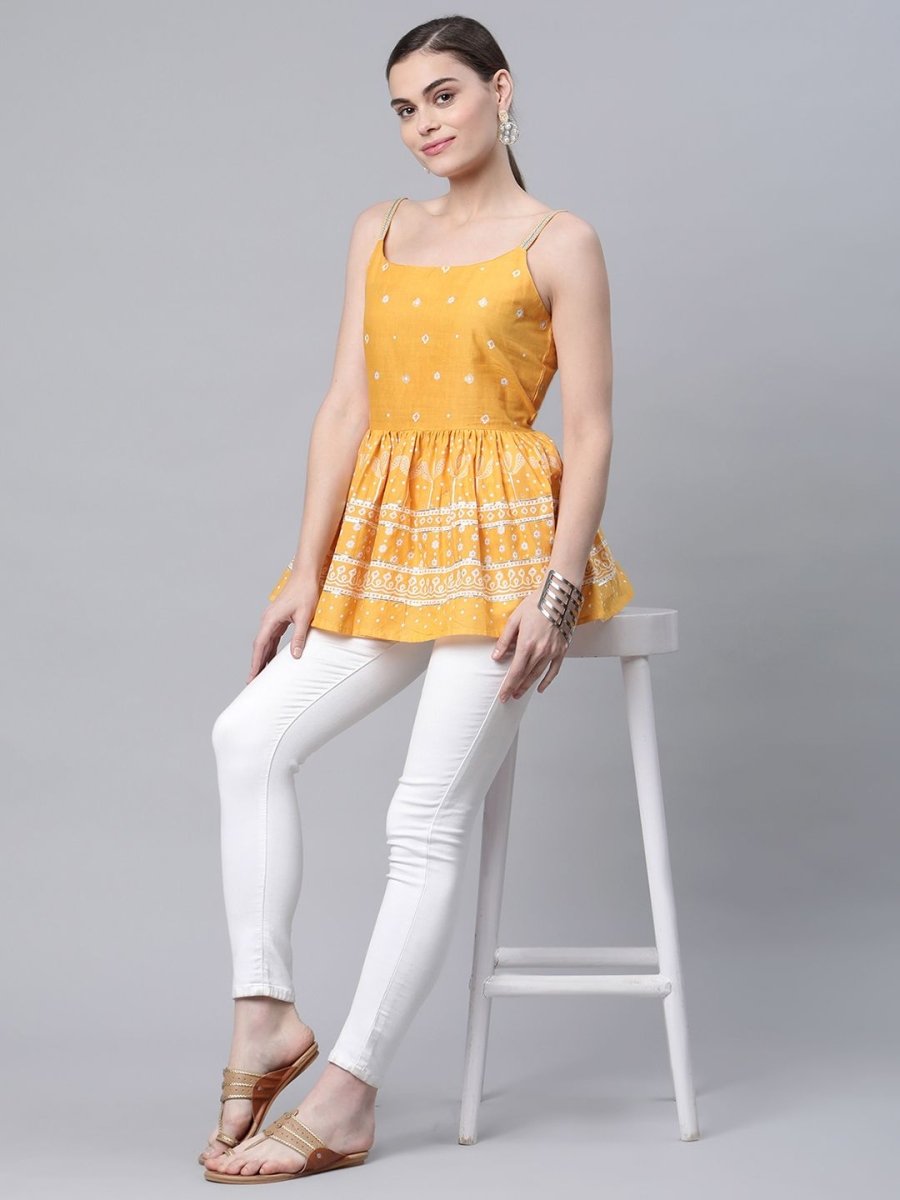 Ahalyaa Women Mustard Pure Cotton Porcian Print Shoulder Straps Tunic | Grocsy