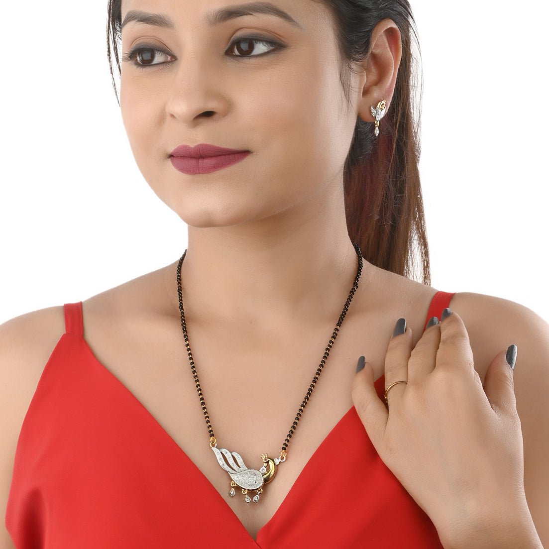 AanyaCentric Ad Short Mangalsutra Set Pendant with Earrings Golden | Grocsy