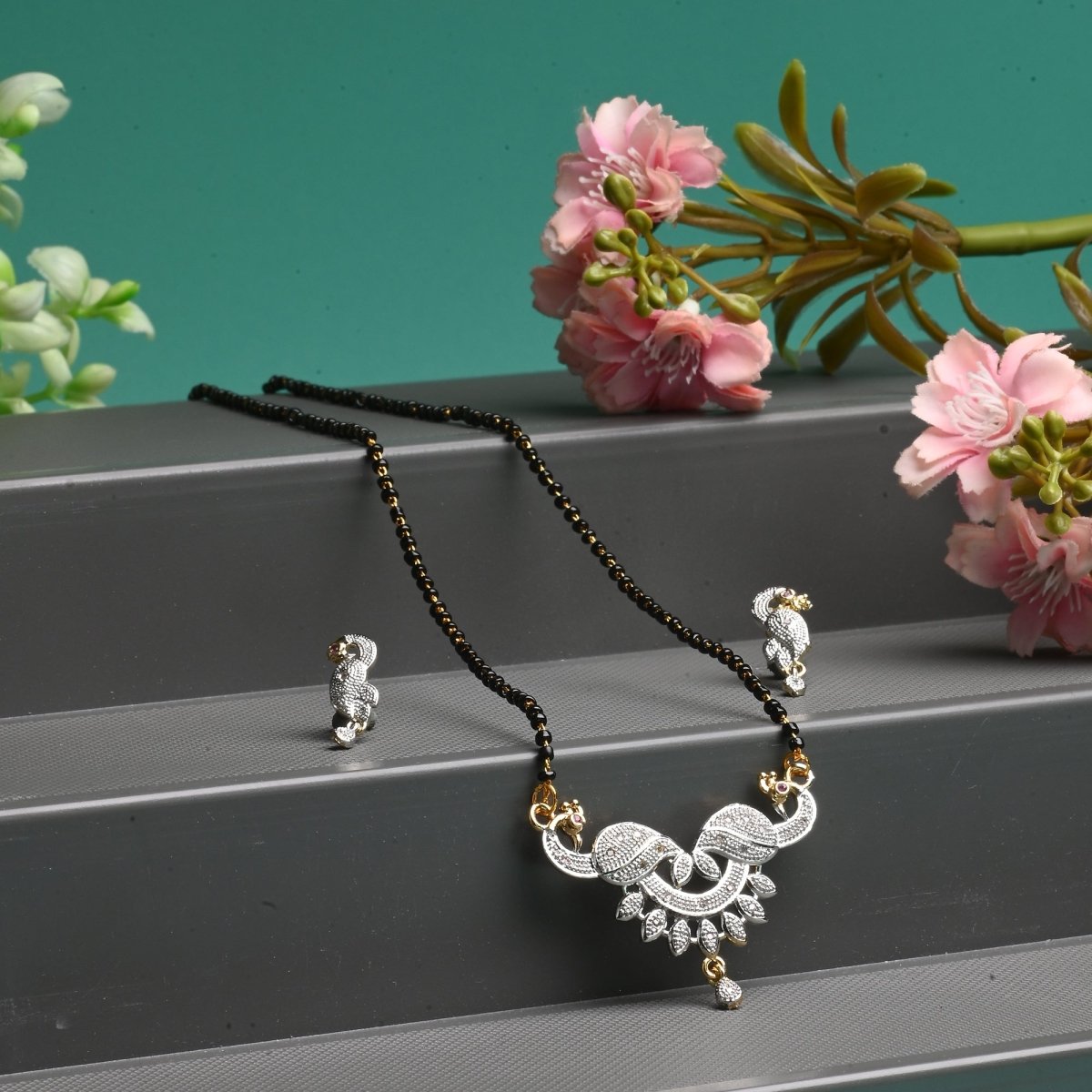 AanyaCentric Ad Short Mangalsutra Set Pendant with Earrings Golden | Grocsy