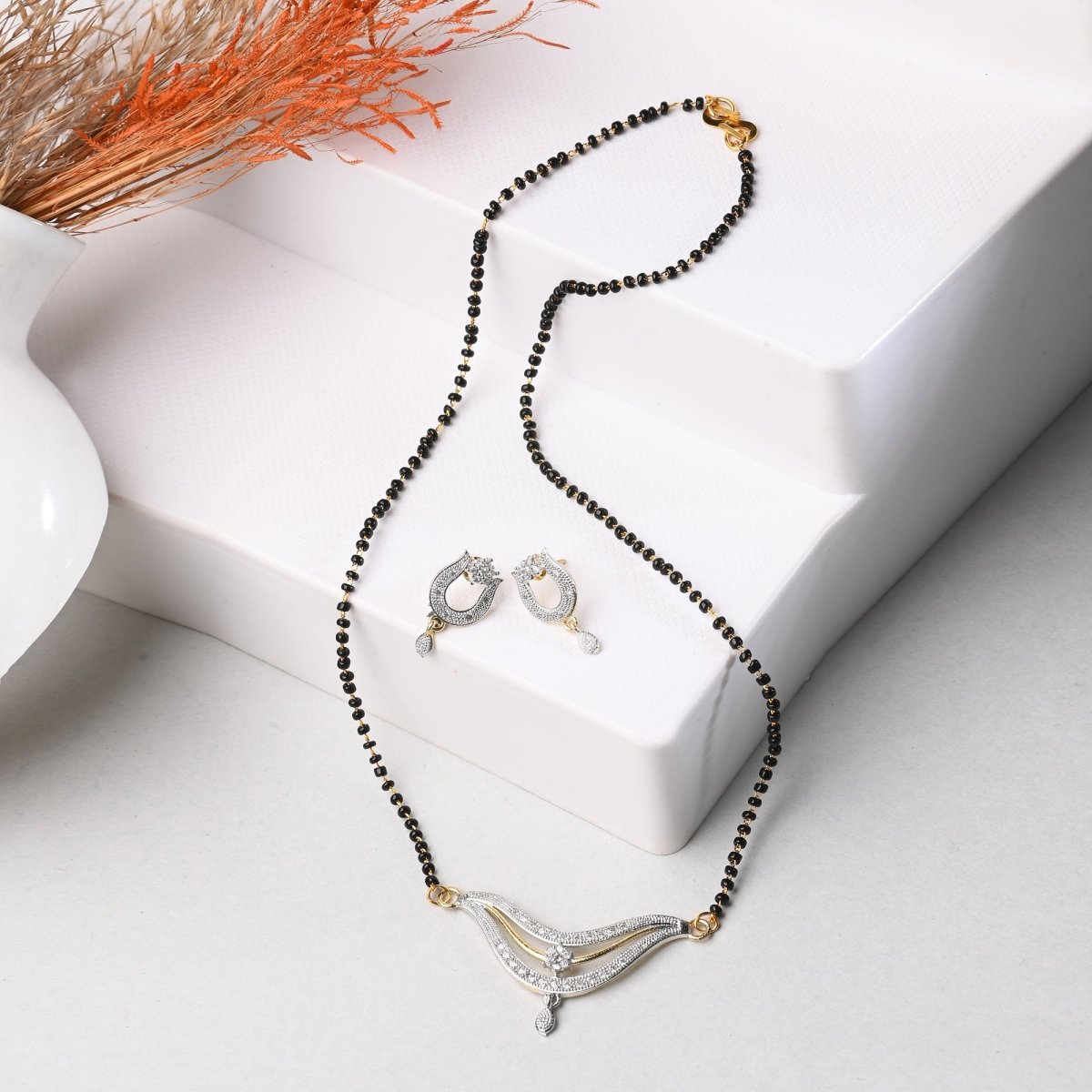 AanyaCentric Ad Short Mangalsutra Set Pendant with Earrings Golden | Grocsy