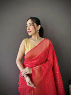 Joban Fashion Red Jacquard Butti Soft Lichi Silk Paithani Saree | Grocsy