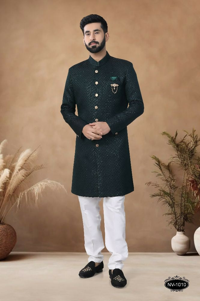 Joban Fashion Men's Green Straight Silk Thread & Sequence Embroidery All Over Indo-Western Kurta Set | Grocsy