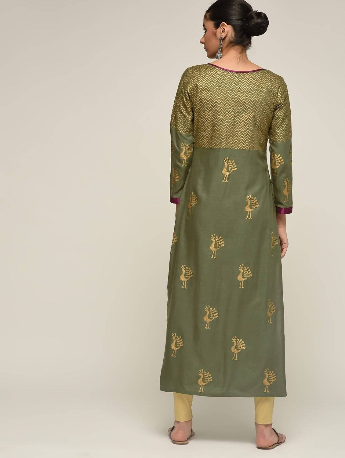Cheera Hand Block Print Olive green Anarkali Kurta (MAAI-066K) | Grocsy