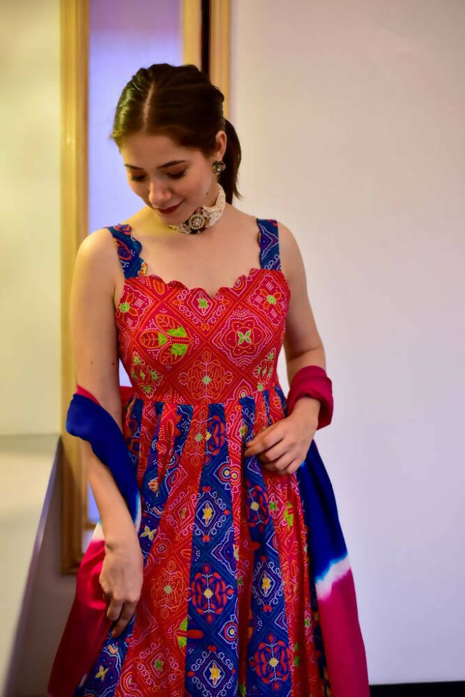 Everywhere Designer Blue & Red Silk Cotton Stitched Suit With Dupatta - Anbazaar | Grocsy