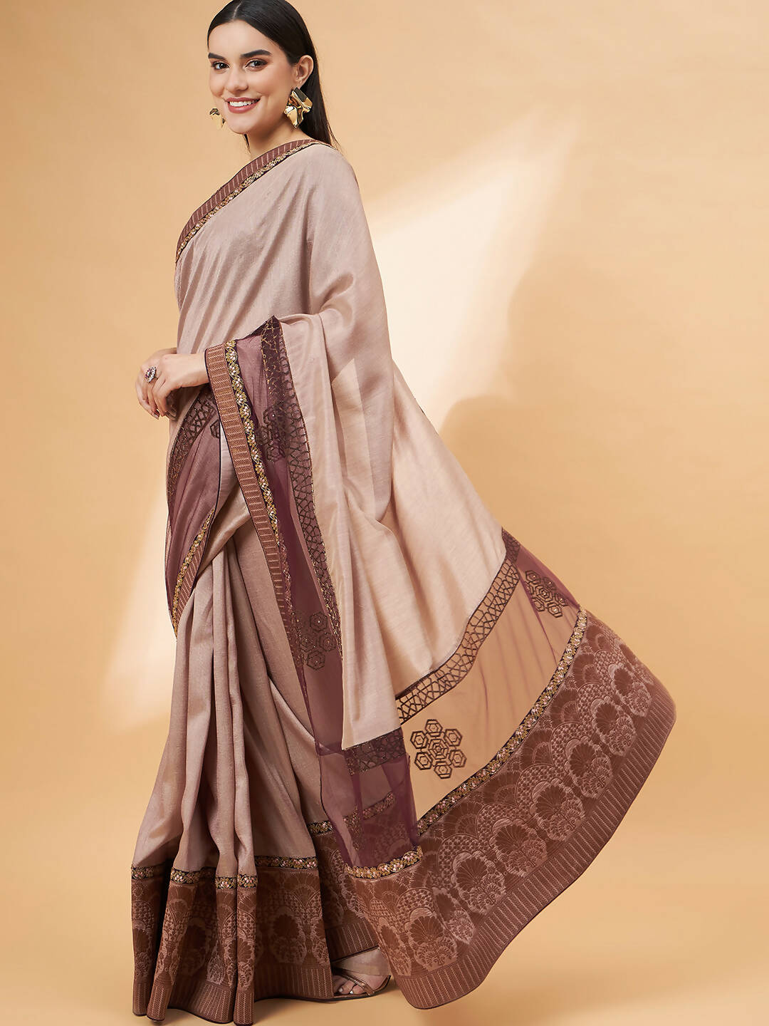 Beige, Purple Tussar Silk Zari, Thread And Cord Embroidery, Laser Cut Applique Saree - Norita Hit Design | Grocsy
