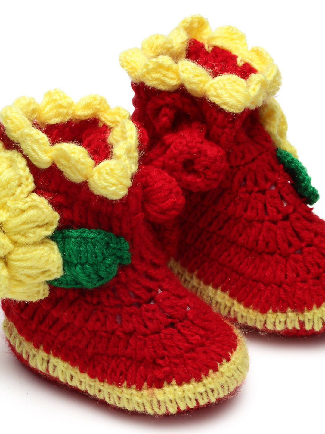 Chutput Kids Woollen Hand Knitted Flower Decor Booties - Red | Grocsy