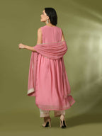 Myshka Women's Pink Solid Georgette Anarkali Party Kurta Set With Dupatta | Grocsy