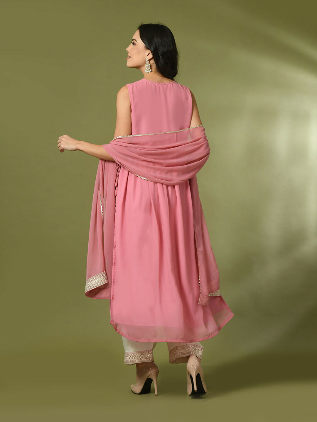 Myshka Women's Pink Solid Georgette Anarkali Party Kurta Set With Dupatta | Grocsy
