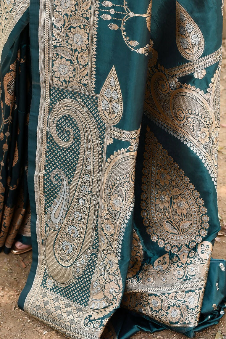 Joban Fashion Green Banarasi Soft Pure Handloom Banarasi Silk Saree | Grocsy