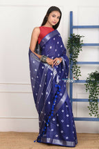 Very Much Indian Handmade Tie And Dye Cotton Saree By Women Weavers - Indigo Blue | Grocsy