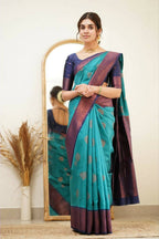 DEIANA'S Beautiful Designer Golden zari Soft Lichi Silk Saree - Sky | Grocsy