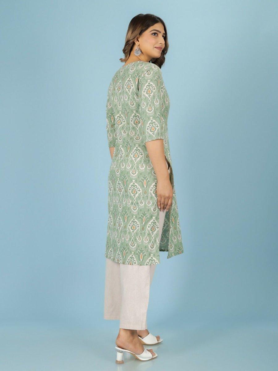 Aramya Green Linen Cotton Ikat Straight Kurta for Women | Grocsy