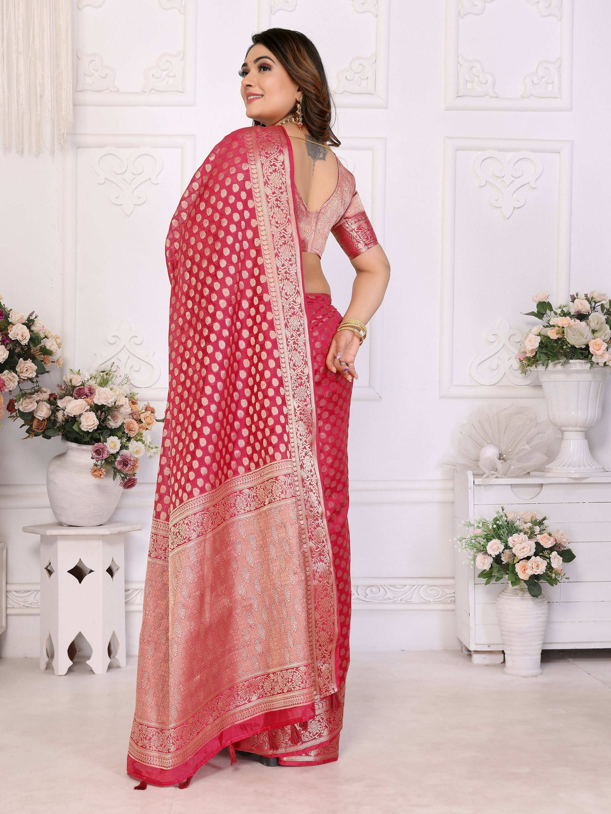 Aastha Fashion Magenta Organza Silk Weaving Saree | Grocsy
