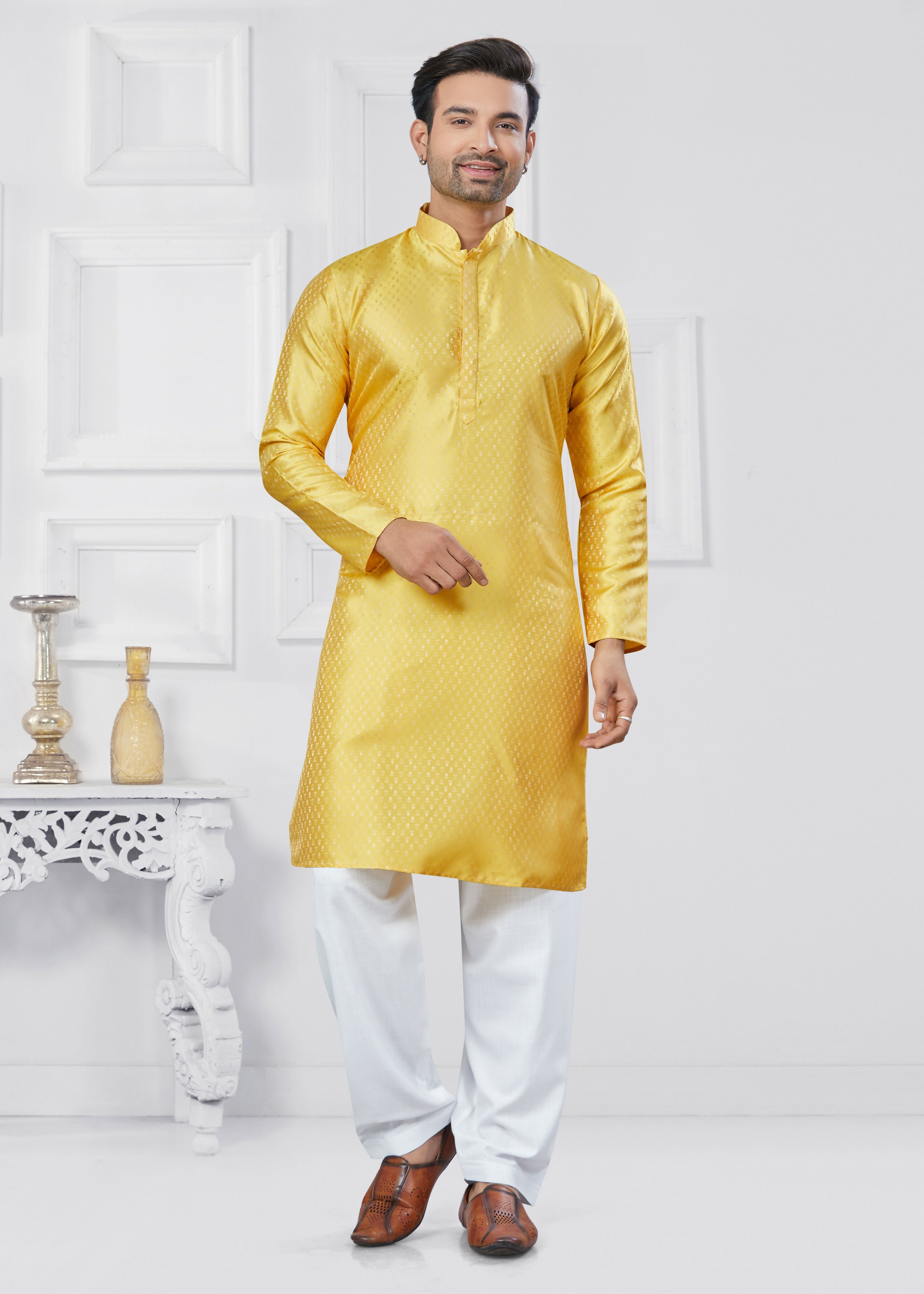 Joban Fashion Men's Jacquard Silk Yellow Printed Kurta Pyjama set | Grocsy