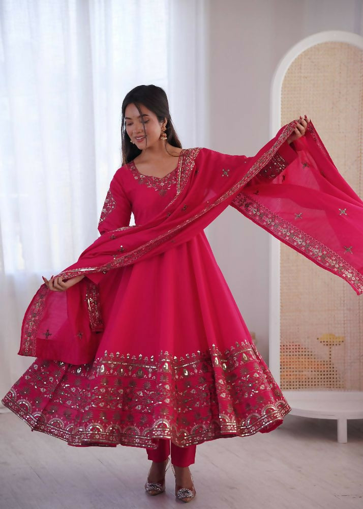 Teeya Creation Pink Roman Silk Embroidery Work Party Wear long Gown | Grocsy