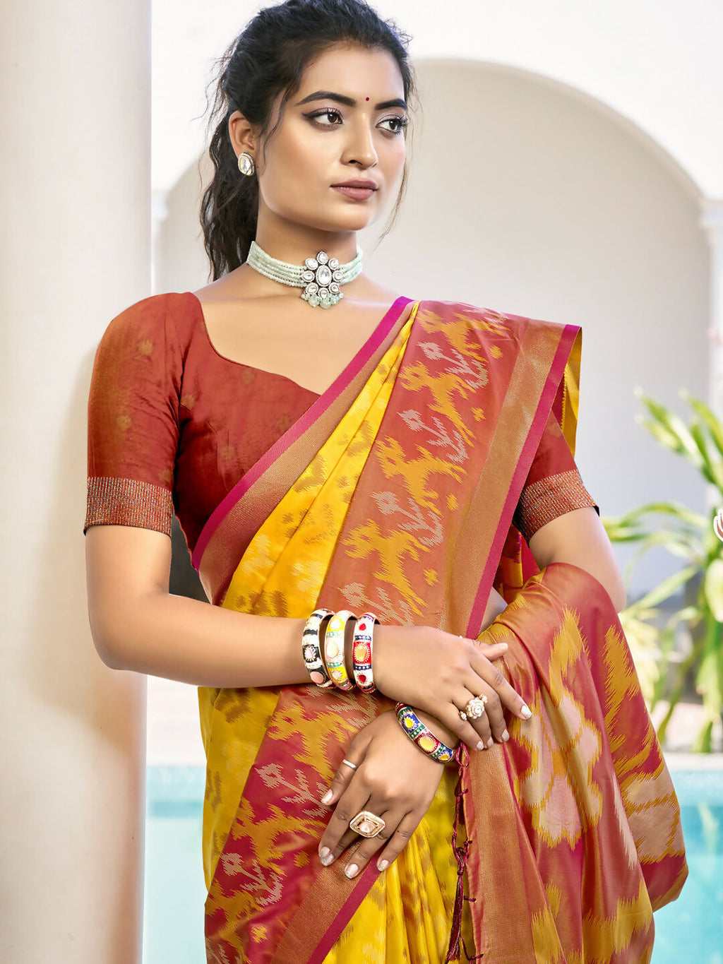 Shree Shyam Fashion Pochampalli Silk Yellow Saree | Grocsy