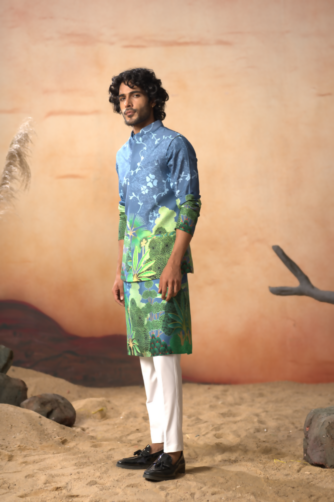 Tree Bark Classy Print Silk Nehrujacket Set by Hilo Design | Grocsy