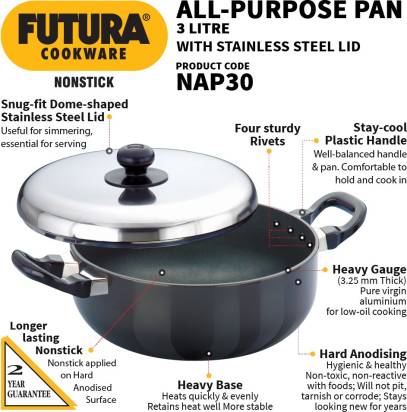 Hawkins Futura Non-stick All-Purpose Pan Handi 3 L with Lid (NAP30) | Grocsy