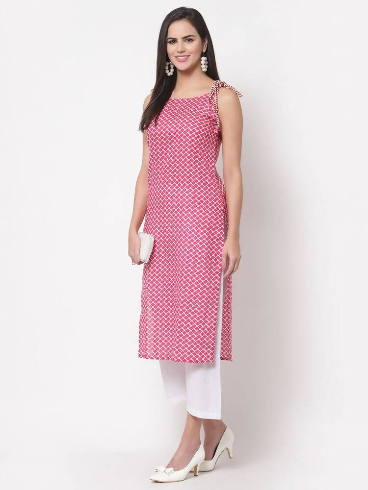 Myshka Women's Pink Printed Sleeveless Cotton Round Neck Dress | Grocsy