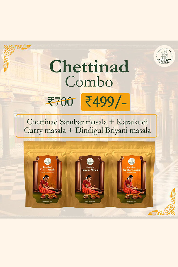 Narchuvai Foods Chettinad Combo (Chettinad Sambar Masala + Karaikudi Curry Masala + Dindigul  Biryani Masala) | Grocsy