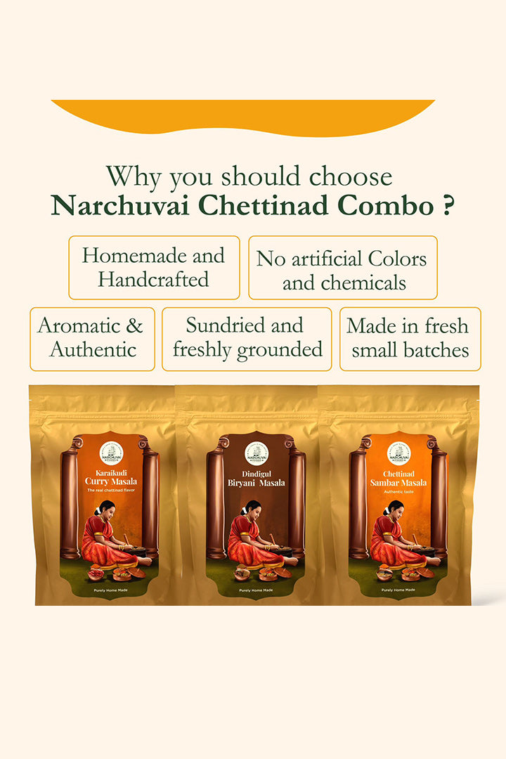 Narchuvai Foods Chettinad Combo (Chettinad Sambar Masala + Karaikudi Curry Masala + Dindigul  Biryani Masala) | Grocsy