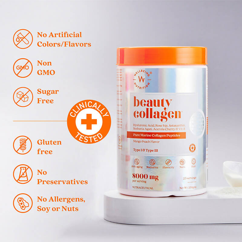 Wellbeing Nutrition Beauty Korean Marine Collagen Peptides-Mango Peach Flavor | Grocsy