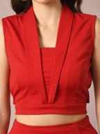 Myshka Women's Red Solid Shawl Neck Party Top With Skirt Co-ord set | Grocsy