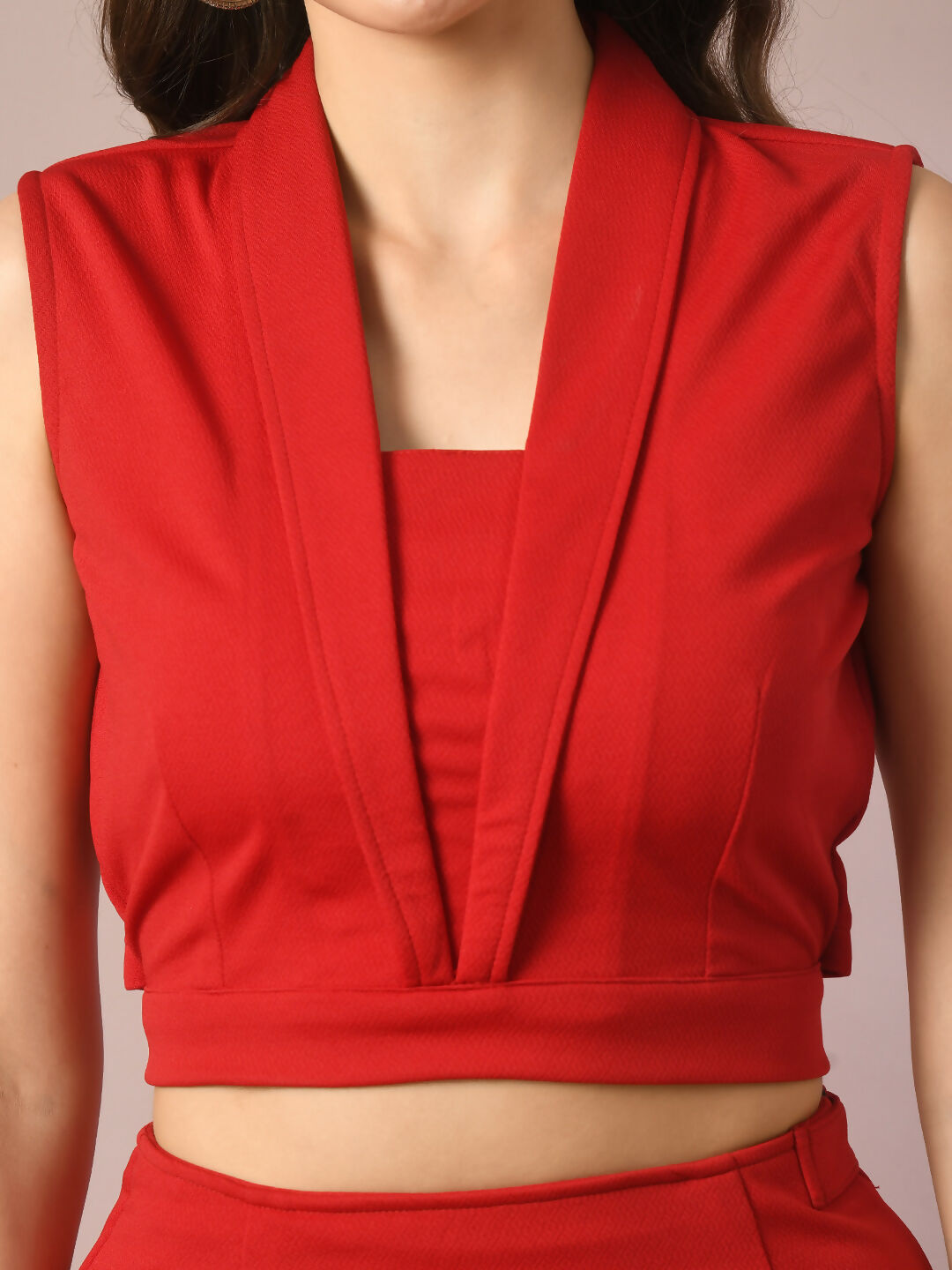 Myshka Women's Red Solid Shawl Neck Party Top With Skirt Co-ord set | Grocsy