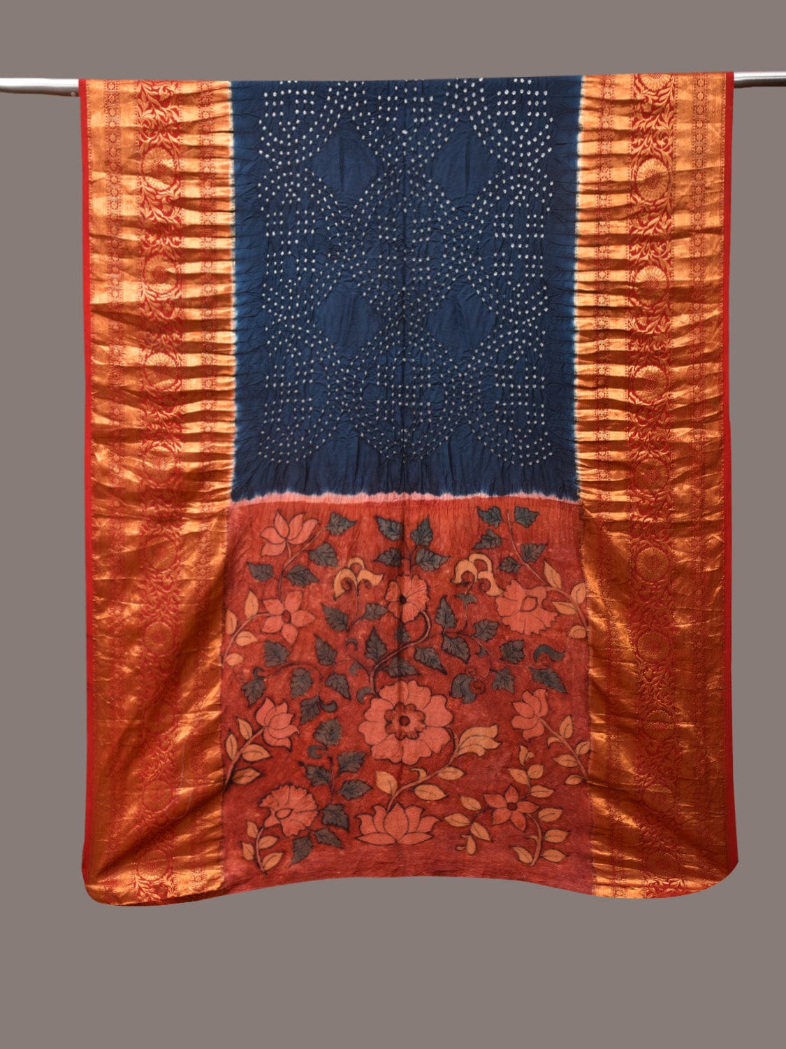 Navy and Red Bandhani Kanchipuram Silk Handloom Dupatta with Kalamkari Design - Global Threads | Grocsy