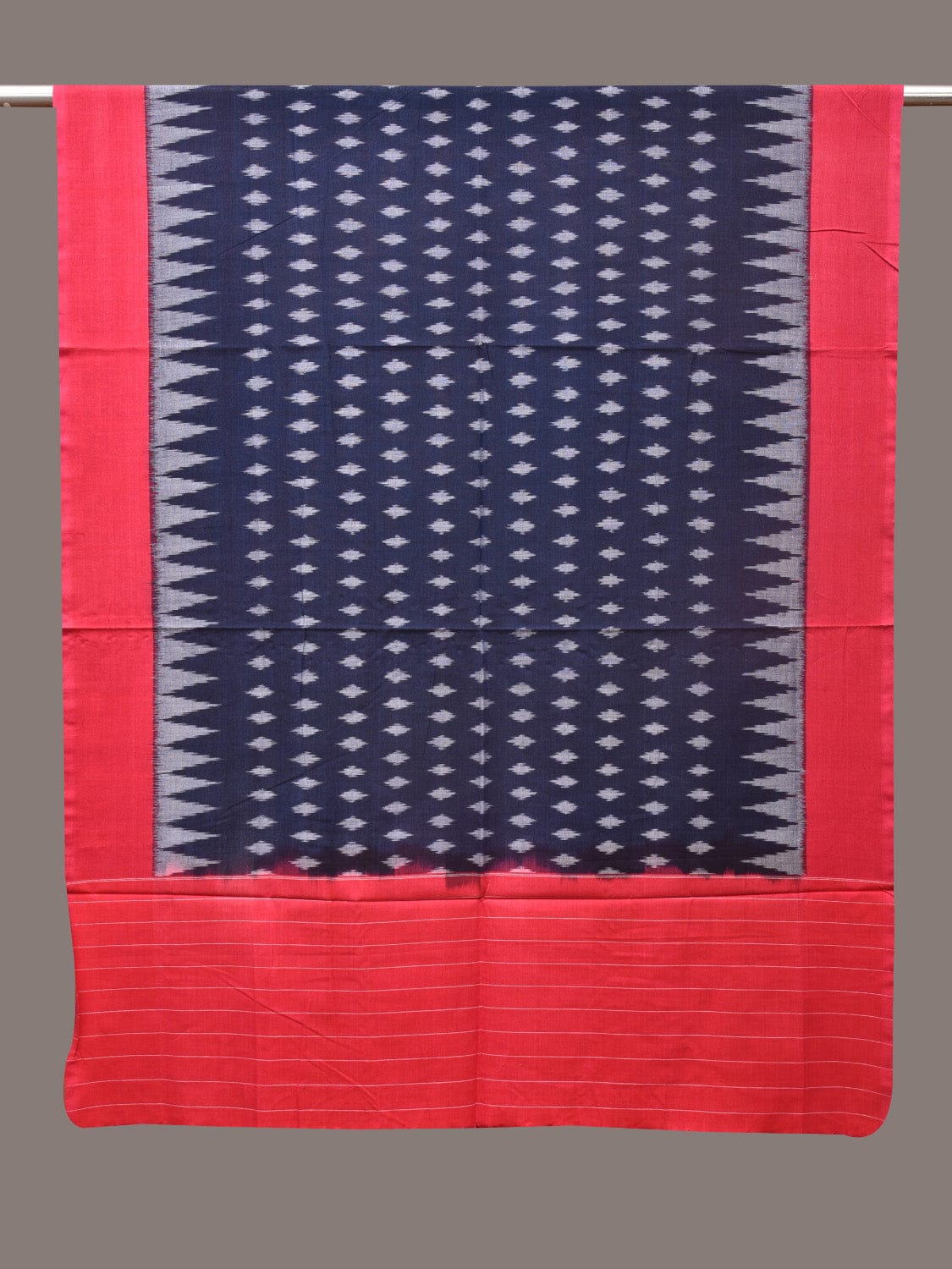 Navy and Red Pochamaplly Ikat Cotton Handloom Dupatta with Temple Border Design - Global Threads | Grocsy