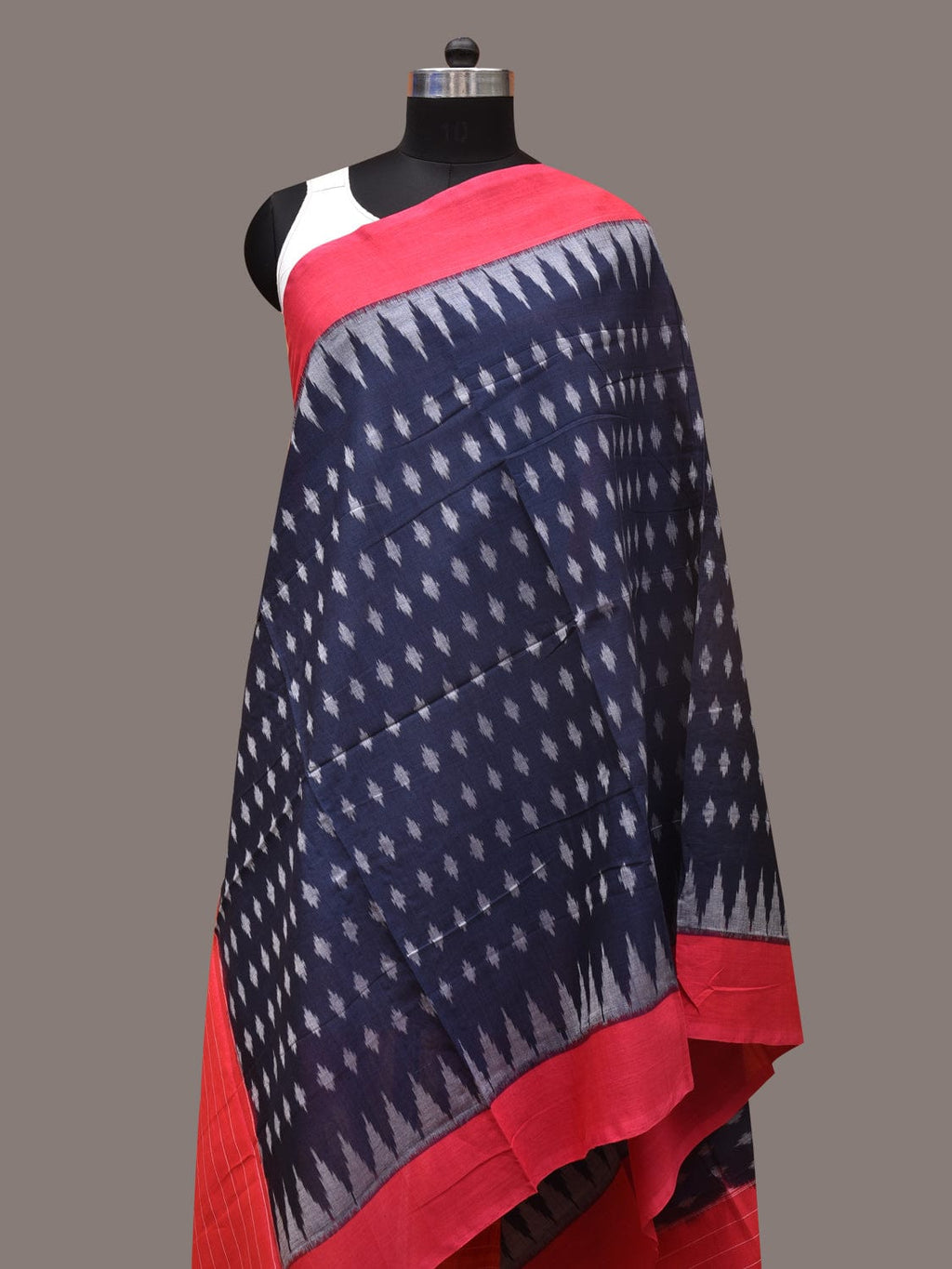 Navy and Red Pochamaplly Ikat Cotton Handloom Dupatta with Temple Border Design - Global Threads | Grocsy
