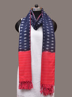 Navy and Red Pochamaplly Ikat Cotton Handloom Dupatta with Temple Border Design - Global Threads | Grocsy