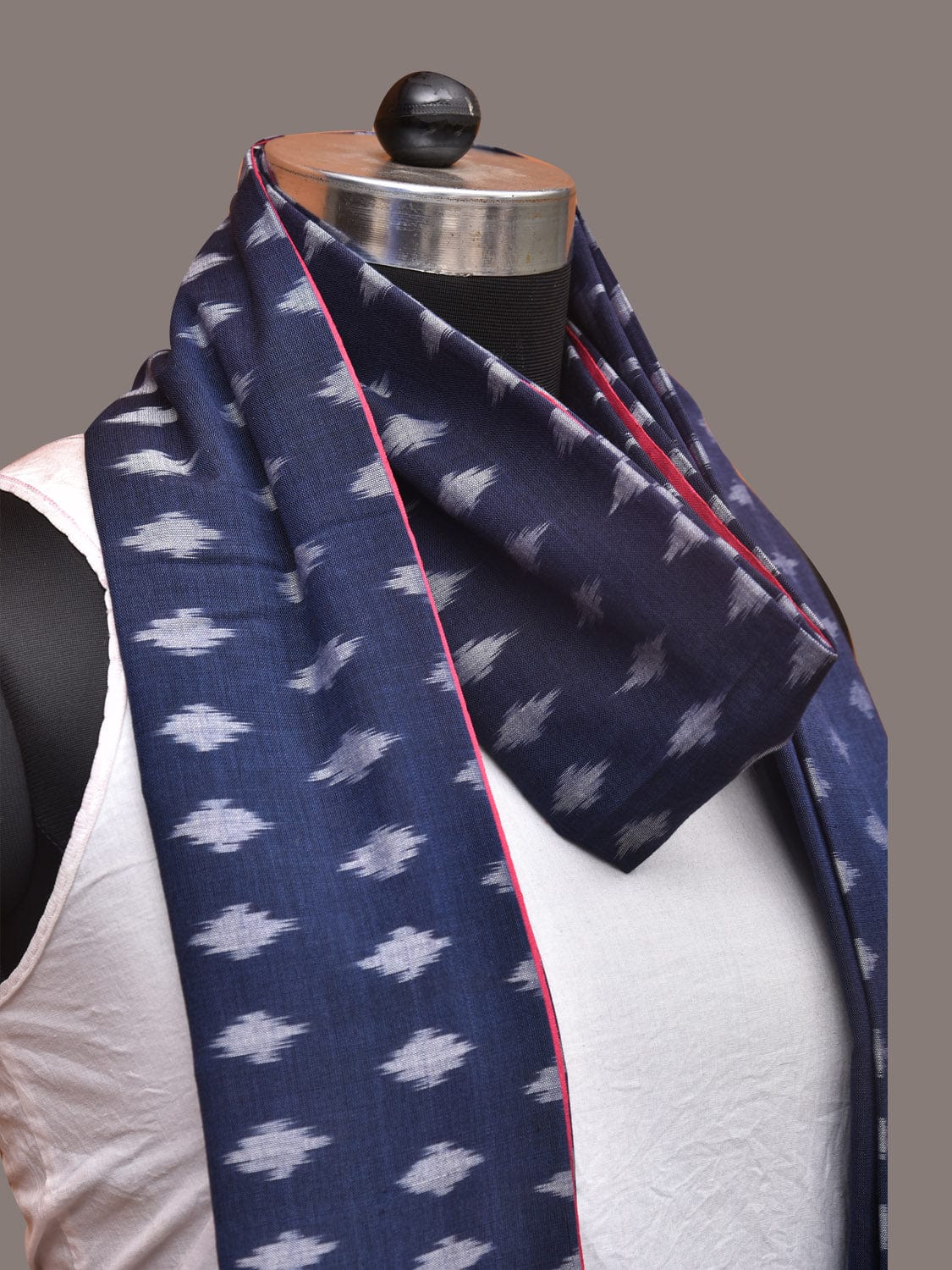 Navy and Red Pochamaplly Ikat Cotton Handloom Dupatta with Temple Border Design - Global Threads | Grocsy