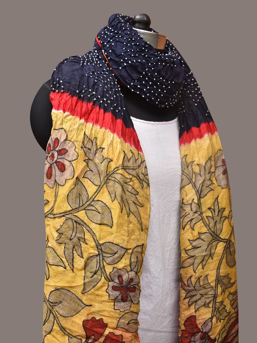 Navy Bandhani Kanchipuram Silk Handloom Dupatta with Kalamkari Design - Global Threads | Grocsy