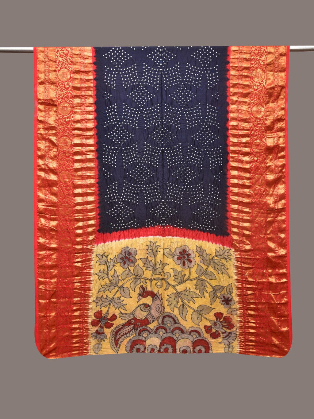 Navy Bandhani Kanchipuram Silk Handloom Dupatta with Kalamkari Design - Global Threads | Grocsy