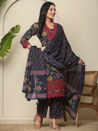 Yufta Navy Blue Cotton Kurta Dupatta Set With Lace Detailing | Grocsy