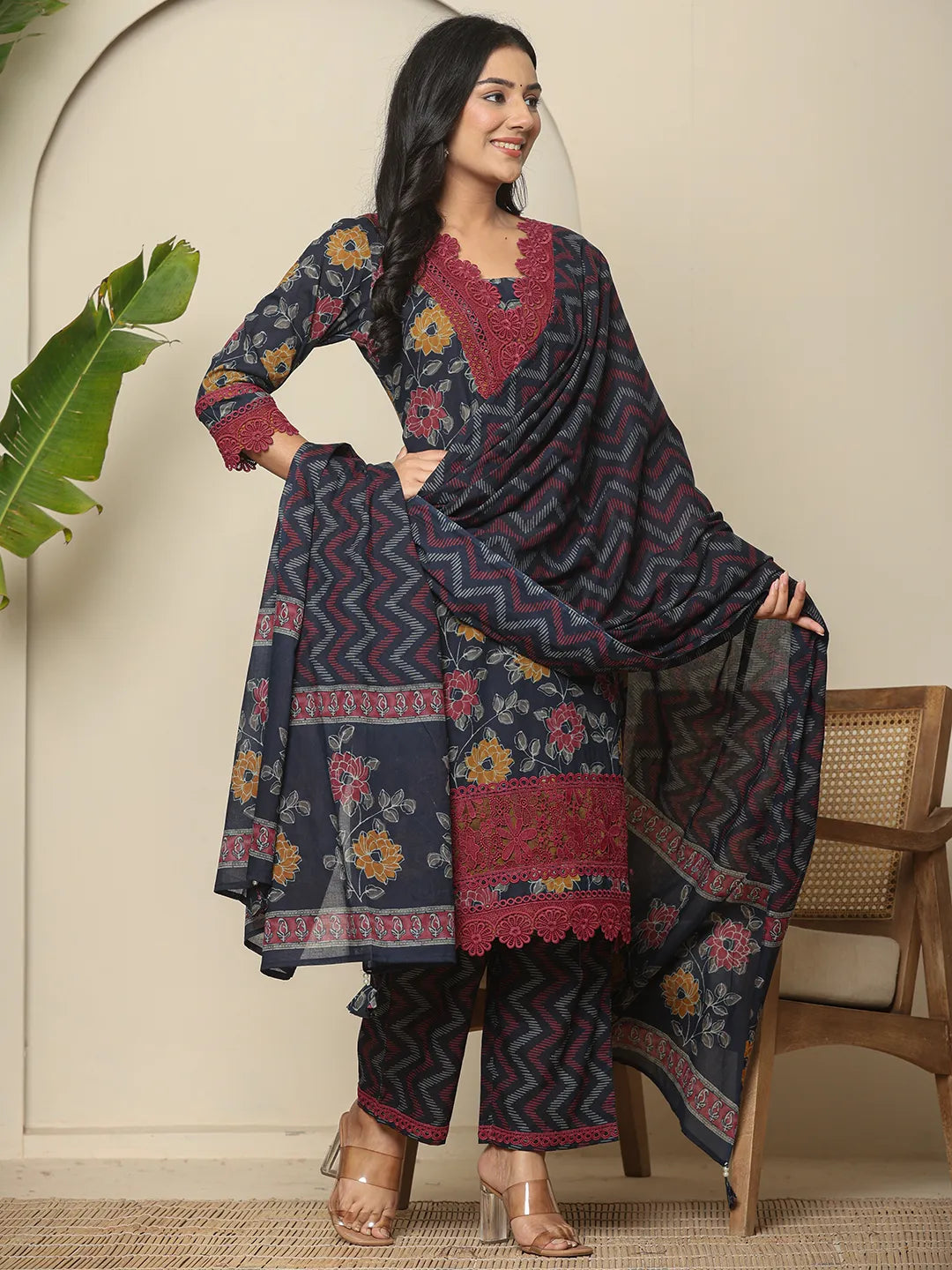 Yufta Navy Blue Cotton Kurta Dupatta Set With Lace Detailing | Grocsy