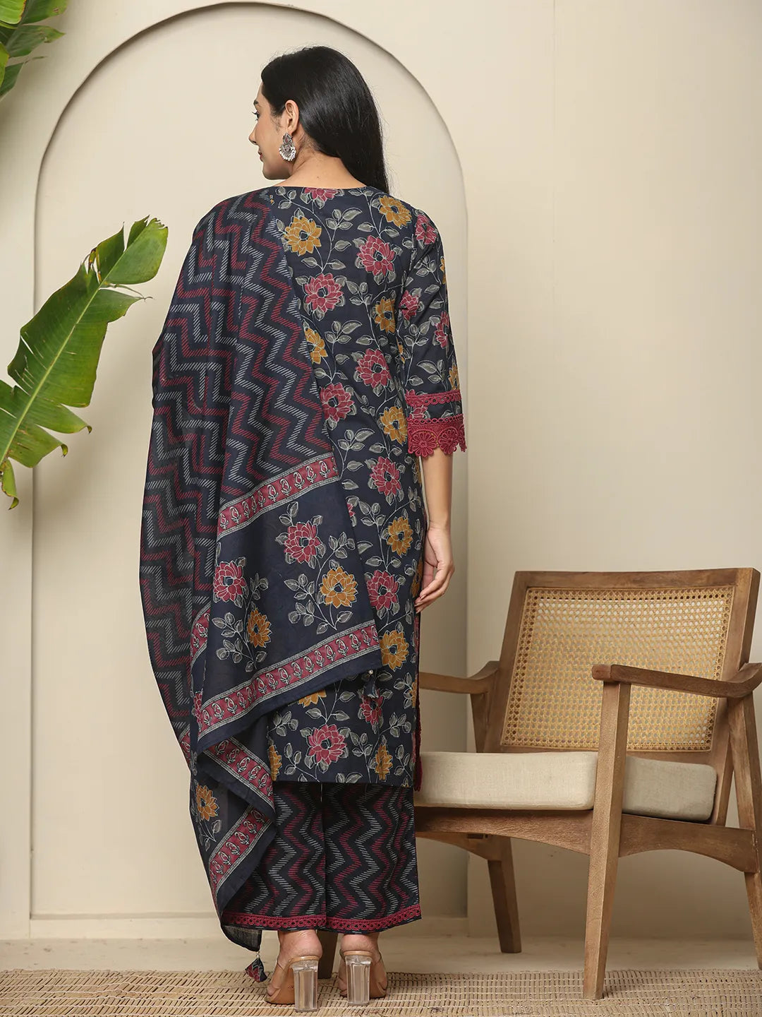 Yufta Navy Blue Cotton Kurta Dupatta Set With Lace Detailing | Grocsy