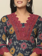 Yufta Navy Blue Cotton Kurta Dupatta Set With Lace Detailing | Grocsy