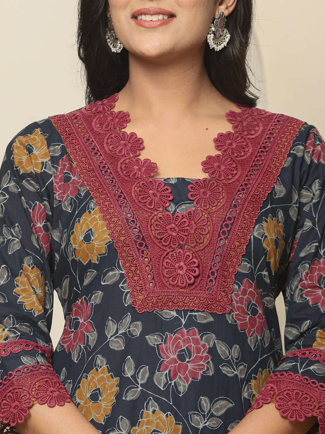 Yufta Navy Blue Cotton Kurta Dupatta Set With Lace Detailing | Grocsy