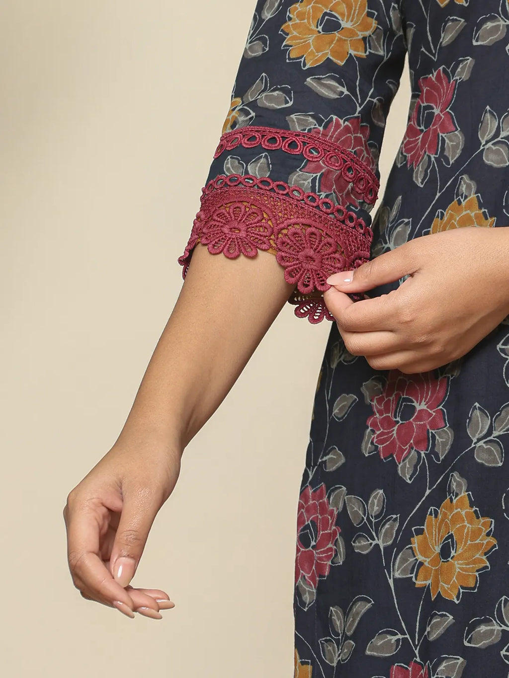 Yufta Navy Blue Cotton Kurta Dupatta Set With Lace Detailing | Grocsy