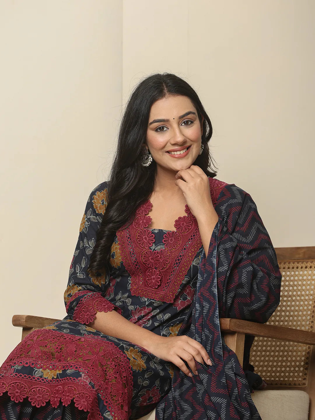 Yufta Navy Blue Cotton Kurta Dupatta Set With Lace Detailing | Grocsy