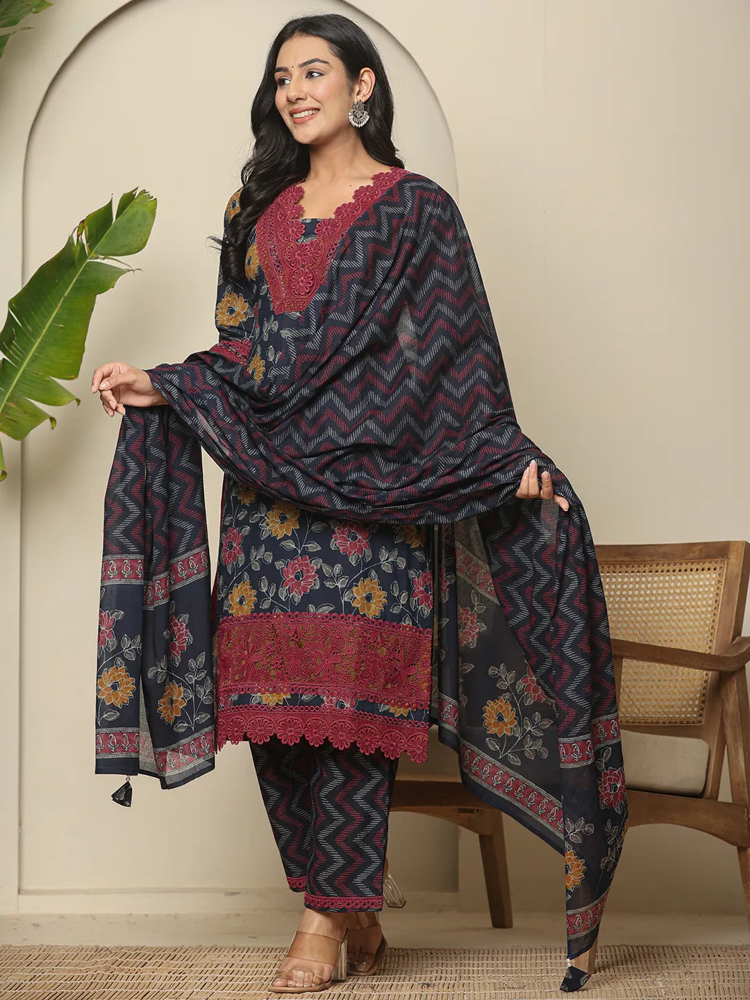 Yufta Navy Blue Cotton Kurta Dupatta Set With Lace Detailing | Grocsy