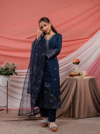 Yufta Navy Blue Embroidered Silk Blend Straight Kurta Dupatta Pant Set | Grocsy