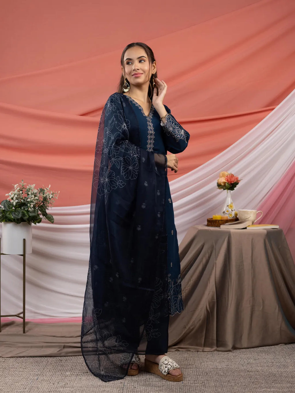 Yufta Navy Blue Embroidered Silk Blend Straight Kurta Dupatta Pant Set | Grocsy