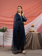 Yufta Navy Blue Embroidered Silk Blend Straight Kurta Dupatta Pant Set | Grocsy