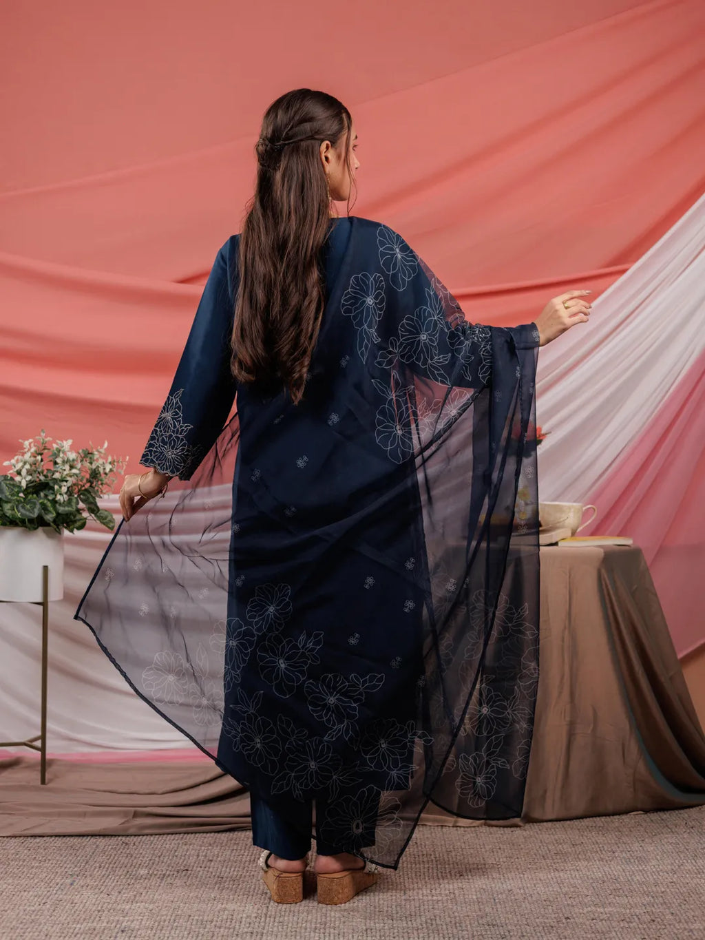 Yufta Navy Blue Embroidered Silk Blend Straight Kurta Dupatta Pant Set | Grocsy