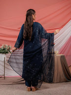 Yufta Navy Blue Embroidered Silk Blend Straight Kurta Dupatta Pant Set | Grocsy