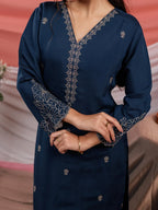 Yufta Navy Blue Embroidered Silk Blend Straight Kurta Dupatta Pant Set | Grocsy