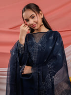 Yufta Navy Blue Embroidered Silk Blend Straight Kurta Dupatta Pant Set | Grocsy